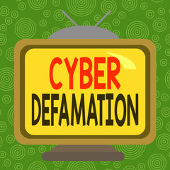 Conceptual hand writing showing Cyber Defamation. Concept meaning slander conducted via digital media usually by Internet Square rectangle unreal cartoon wood on the coloured wall