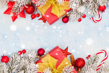 Christmas composition. Beautiful Xmas card background border with snow