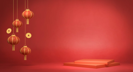 3d rendering chinese lanterns on red background