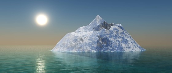 Iceberg in the ocean at sunset, 3D rendering.