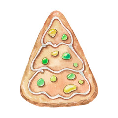 Watercolor illustration of a gingerbread with icing and candies in the shape of a Christmas tree on a white background. Children's illustration in cartoon style for the new year for printing, textile