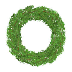 Wreath of Christmas tree branches isolated on a white background.