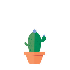 Short and small friendly cactus with purple flowers in an orange pot with two arms and spikes. Flat design illustration.