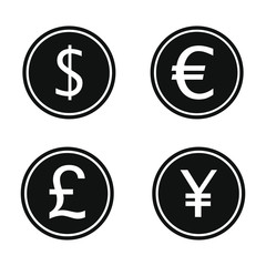Dollar, euro, pound sterling and Japanese Yen or Chinese Yuan icons set. Isolated vector illustration.