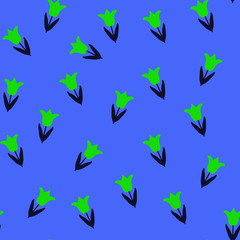 Trendy Wildflower green tulip seamless pattern . Spring florals on blue background, texture, wrapper pattern