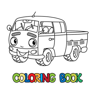 Funny small retro pickup car or van coloring book