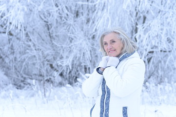 Fototapeta na wymiar Portrait of happy beautiful senior woman posing in snowy winter park