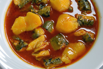 National Spanish cuisine of Valencia. Unique delicious Allipebre dish. Freshwater eel from Lake Albufera stewed with potatoes. Travel to Valencia.