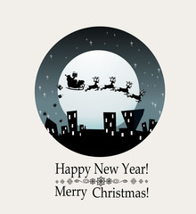 Winter city silhouette. Santa sleigh over urban skyline, moon and sky. Christmas and new year, winter urban cityscape vector illustration