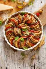Vegetable tian, Provencal vegetable casserole, delicious and nutritious vegetarian meal, top view © zi3000