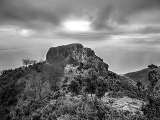 black and white view of Mount Falerio on the Amalfi coast, Vietri sul Mare, Cetara, Salerno, Campania, Italy