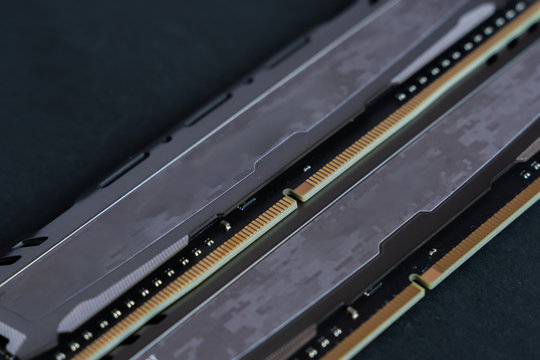 Two memory modules. Fast DDR4 RAM. Gamer DRAM sticks. PC gaming components.