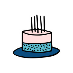 Birthday cake flat vector illustration in hand drawn, doodle style isolated on a white background.