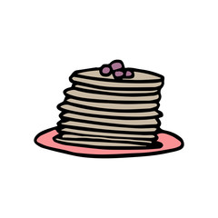Hand drawn pancakes flat vector illustration with berries on top in a plate isolated on a white background.