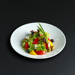 Dishes of traditional Russian cuisine. Restaurant serving. Black background.