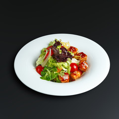 Dishes of traditional Russian cuisine. Restaurant serving. Black background.