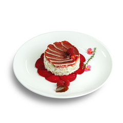 Dishes of traditional Russian cuisine. Restaurant serving. White background.