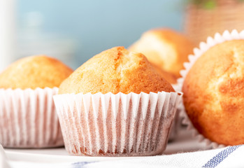 Freshly baked muffins in a white paper muffin cups, close-up.