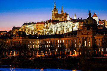 Fototapeta na wymiar Prague, Czech Republic - November, 19, 2019: landscape withe the image of St. Vitus Cathedral at night in Prague