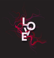 Cut paper letters of the word Love on red background fractal smoke. Flow fluids background. Valentines Day concept. Vector illustration