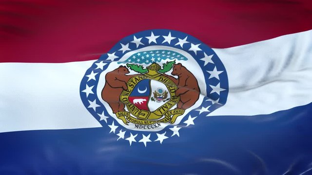 Missouri (U.S. state) flag waving in the wind with highly detailed fabric texture. Seamless loop