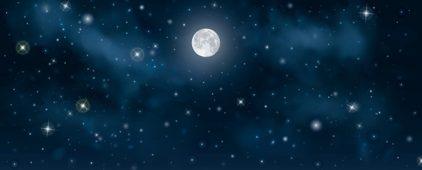 Beautiful vector night starry sky with shining moon on it, space mist and light clouds