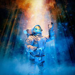 Fototapeta na wymiar Reach for the heavens / 3D illustration of science fiction scene with astronaut reaching toward heavenly glow in outer space