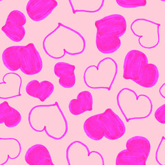 pink hearts seamless pattern. Hand drawn graphic doodles.  Children’s drawing. Valentine’s day.  Love and romance. For textile and wrapping paper