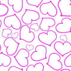 bright pink hearts seamless pattern. Hand drawn graphic doodles. Children’s drawing. Valentine’s day.  Love and romance. For post cards, textile and wrapping paper