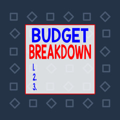 Writing note showing Budget Breakdown. Business concept for dividing the cost of something into the different parts Square rectangle paper sheet loaded with full creation of pattern theme