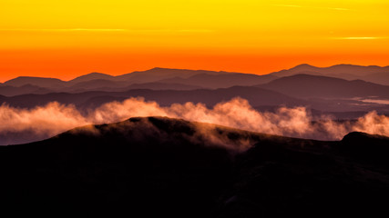 Awesone sunrise in the mountains. Bieszczady, the part of Carpathian Mountains. Poland.