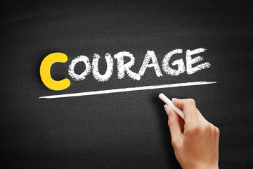 Courage text on blackboard, business concept background