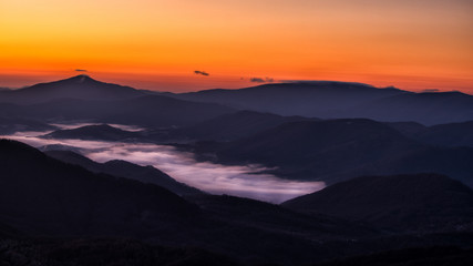 Awesone sunrise in the mountains. Bieszczady, the part of Carpathian Mountains. Poland.