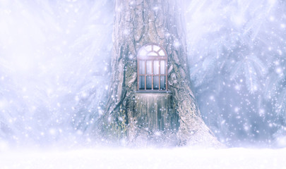 Christmas festive fabulous card with pine tree fairytale house, window, winter snow background,...