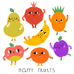 Set of cute fruit characters. Fruits for kids. Cartoon vector illustration.