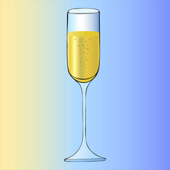Color illustration of a champagne glass. Flute. Crystal capacity. Sky background. Christmas. New Year. Holiday print.