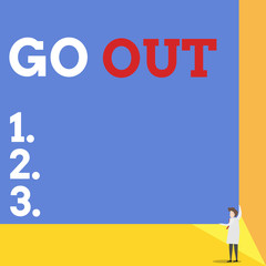 Handwriting text Go Out. Conceptual photo to leave a room or building, especially in order to do something One man professor wear white coat red tie hold big board use two hands