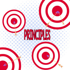 Word writing text Principles. Business photo showcasing fundamental truth that serves as the base for a system of belief Arrow and round target inside asymmetrical shaped object multicolour design