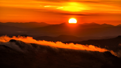 Awesone sunrise in the mountains. Bieszczady, the part of Carpathian Mountains. Poland.