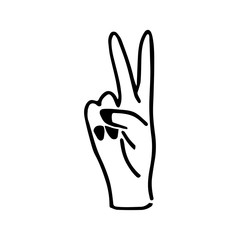 Vector illustration with counting hand isolated on white background. Gesture with fingers lifted up showing number two. Sign of peace.Doodle peace icon.