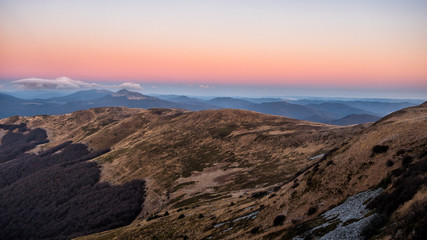 Awesone sunrise in the mountains. Bieszczady, the part of Carpathian Mountains. Poland.