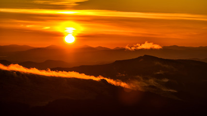 Awesone sunrise in the mountains. Bieszczady, the part of Carpathian Mountains. Poland.