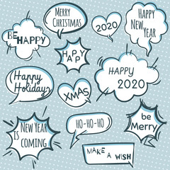 Empty comic new year's bubbles and elements set. Vector illustration. Set of speech bubbles. Ho-ho-ho, Merry Christmas, Happy holidays, 2020
