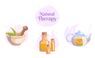 Natural Healthy lifestyle icons set for spa salon. Blooming tea, massage oil, mortar and pestle Herbal organic illustration. Massage wellness beauty care concept. Isolated vector on white background