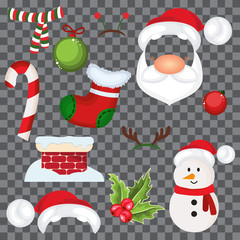 Christmas photo booth mask set. Funny decor for pictures in vending machine or modern kiosk. Vector flat style cartoon New Year's face masks illustration isolated on white background