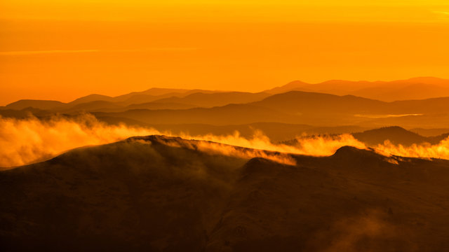 Awesone sunrise in the mountains. Bieszczady, the part of Carpathian Mountains. Poland.