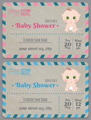 Set of baby shower invitation card babies boy and girl. Baby frame with boy/girl and stickers on light background