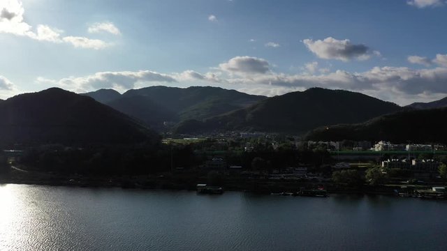 Daeseong-ri, South Korea 3 October 2019: 4K Aerial Drone Footage View of Jet skiing in Han River..