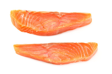 Red fish. Raw salmon fillet isolate on white background. Top view