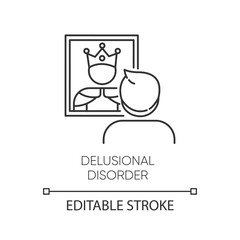 Obraz premium Delusional disorder linear icon. Man in mirror reflection. Bizzare beliefs. Megalomania. Mental illness. Thin line illustration. Contour symbol. Vector isolated outline drawing. Editable stroke